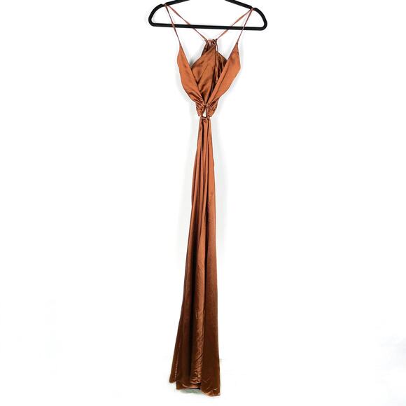 LPA Aniston Dress Hazelnut Satin Brown Maxi Ruched Ring Side Slit Sz S - Picture 4 of 12